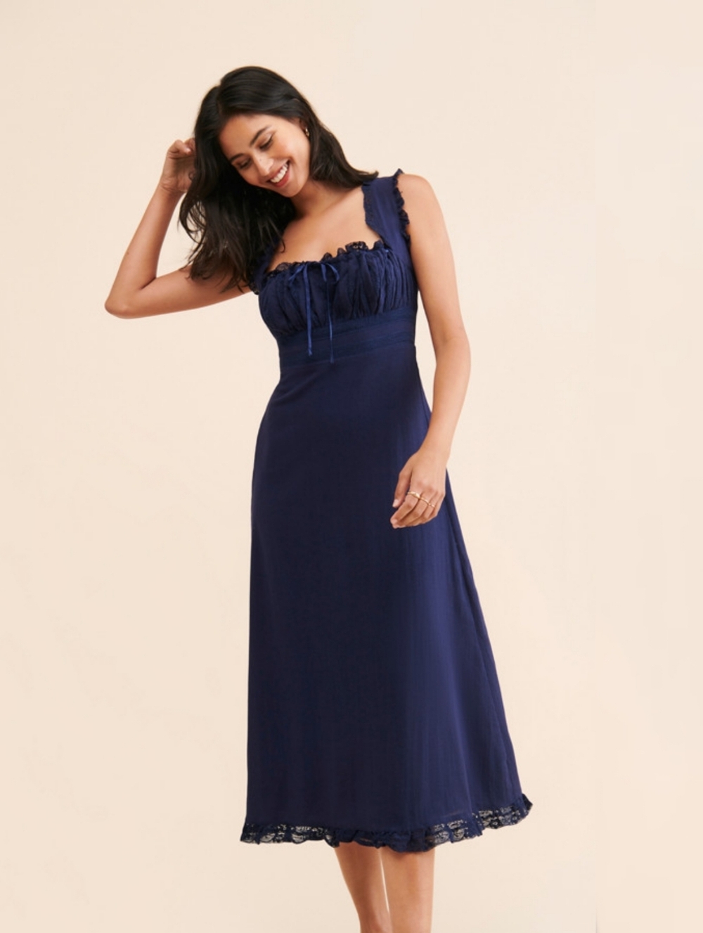 Free People Moon Eyes‎ Midi Dress Navy Blue Sleeveless Lace Trim Women's